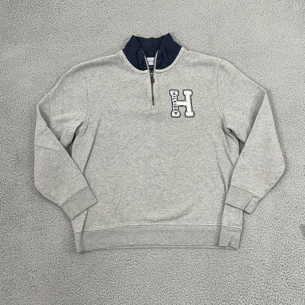 Tommy Hilfiger 1/4 Zip Men L Gray Mock Neck Varsity Patch Preppy Pullover